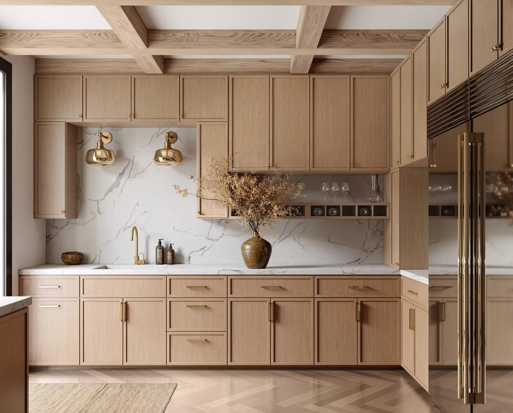 Cabinet style example — light oak cabinetry with a stone backsplash and brass hardware