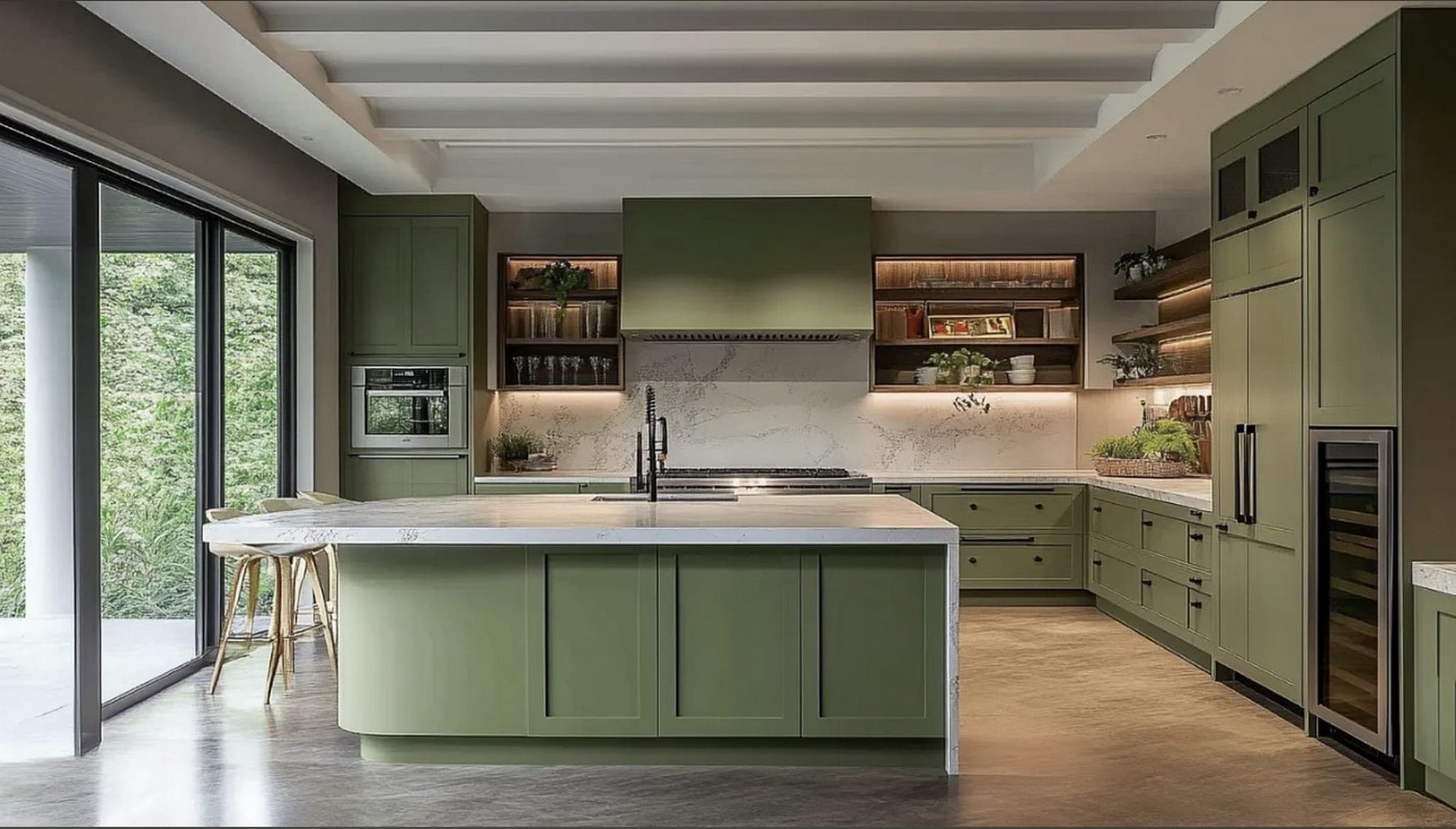 Cabinet style example — sage green cabinetry with a marble backsplash and open shelving