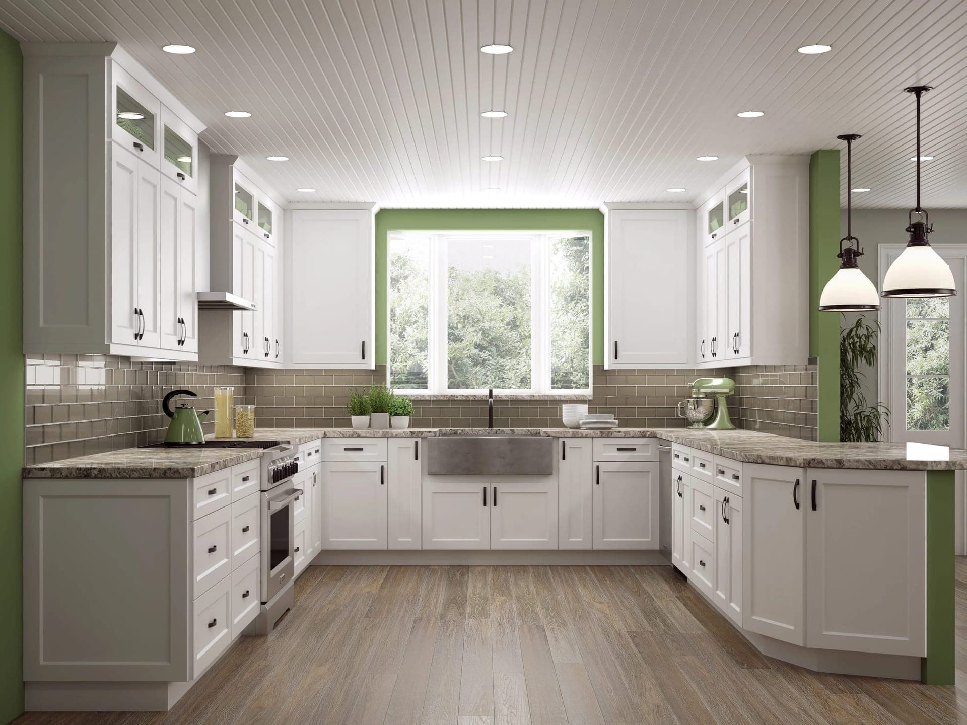 Cabinet style example — white shaker cabinetry with a farmhouse sink and granite countertops
