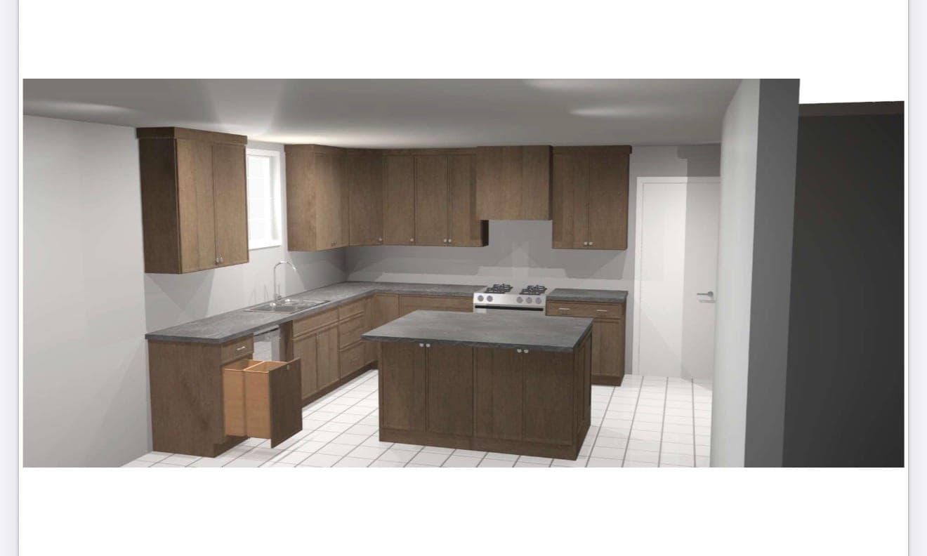 A 3D rendering produced by Cali Craft showing a planned kitchen with an island, wall cabinets and appliance placement before construction