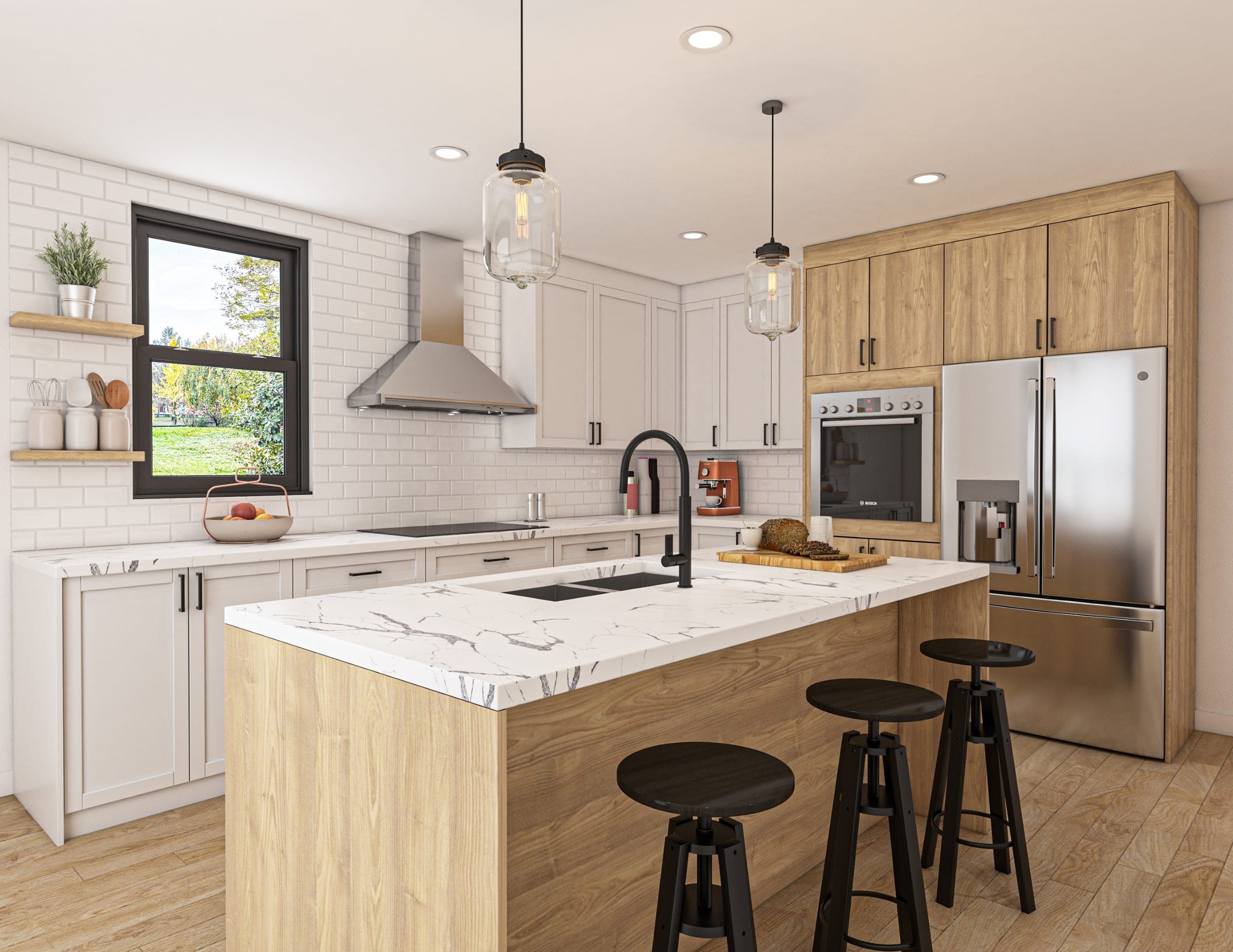 Cali Craft kitchen renovation with white shaker cabinetry, a light oak island and a marble waterfall countertop
