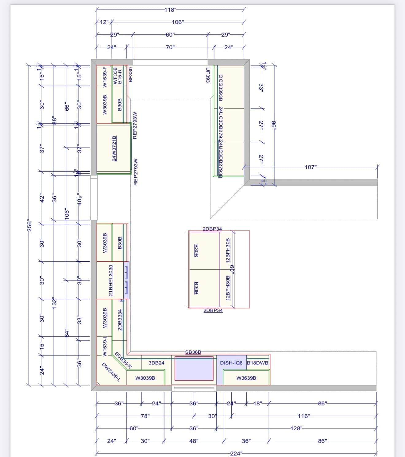 A dimensioned cabinet layout drawing produced by Cali Craft, showing cabinet runs, sizes and appliance positions